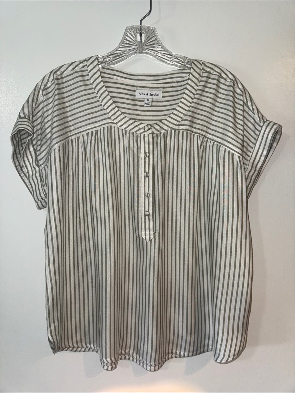 White and Green Striped Short-Sleeve Henley Blouse